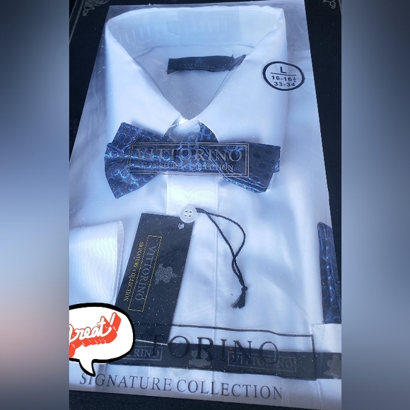 Vittorino Men's White Dress Shirt With Bow Tie Sz-L 16-½ 33-34 - Picture 6 of 8